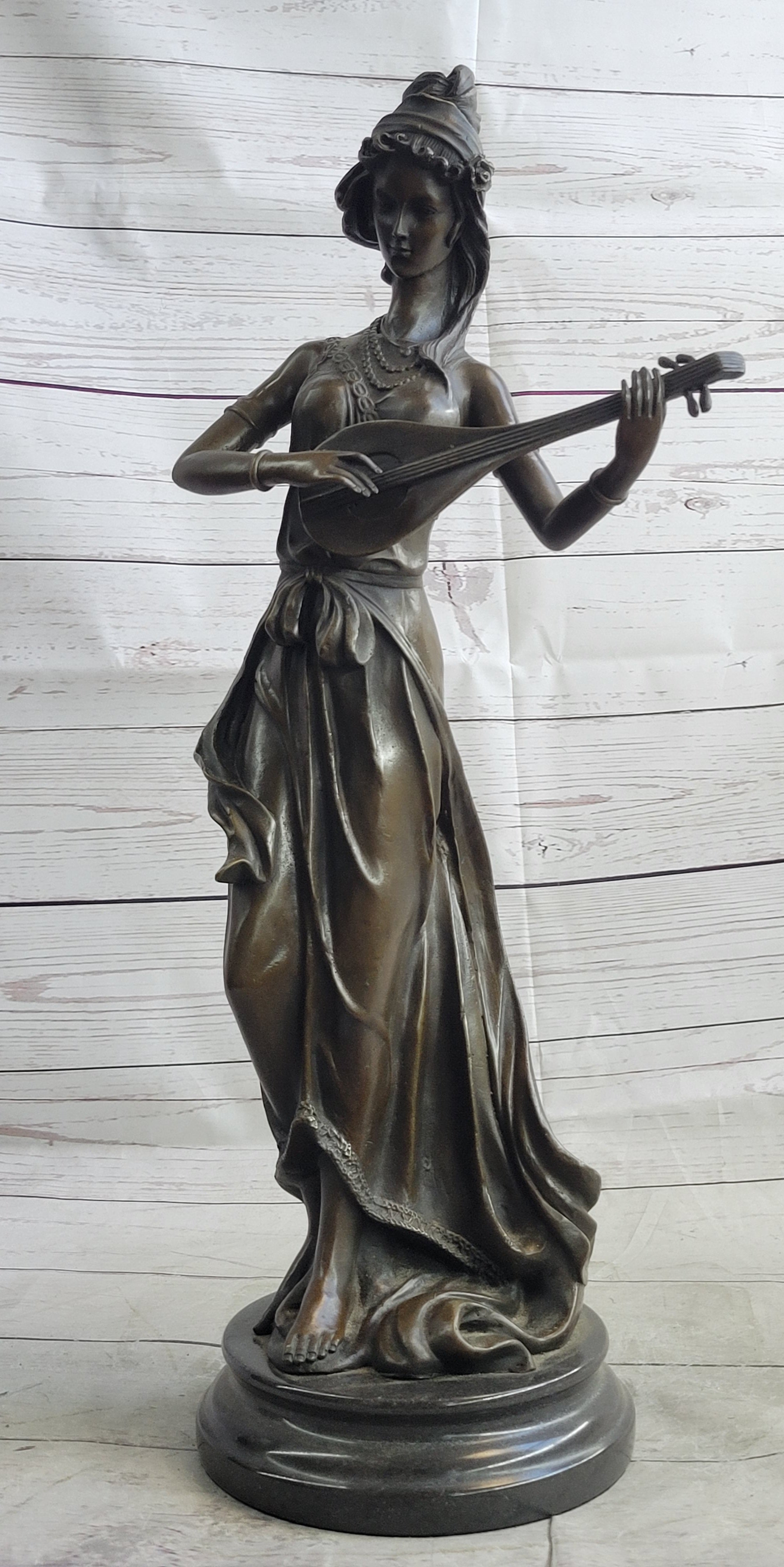 Jean Patoue Female Playing Banjo Bronze Sculpture