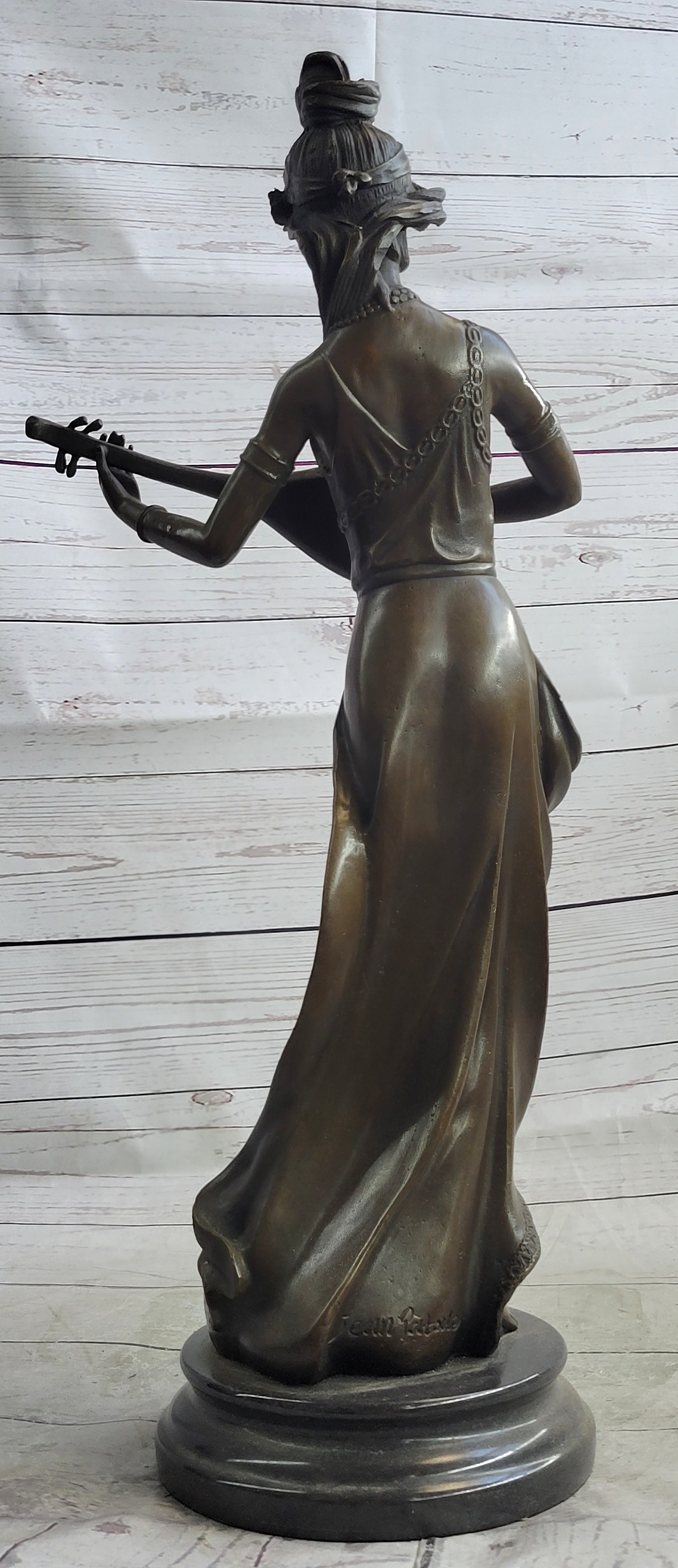 Jean Patoue Female Playing Banjo Bronze Sculpture