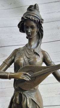 Jean Patoue Female Playing Banjo Bronze Sculpture