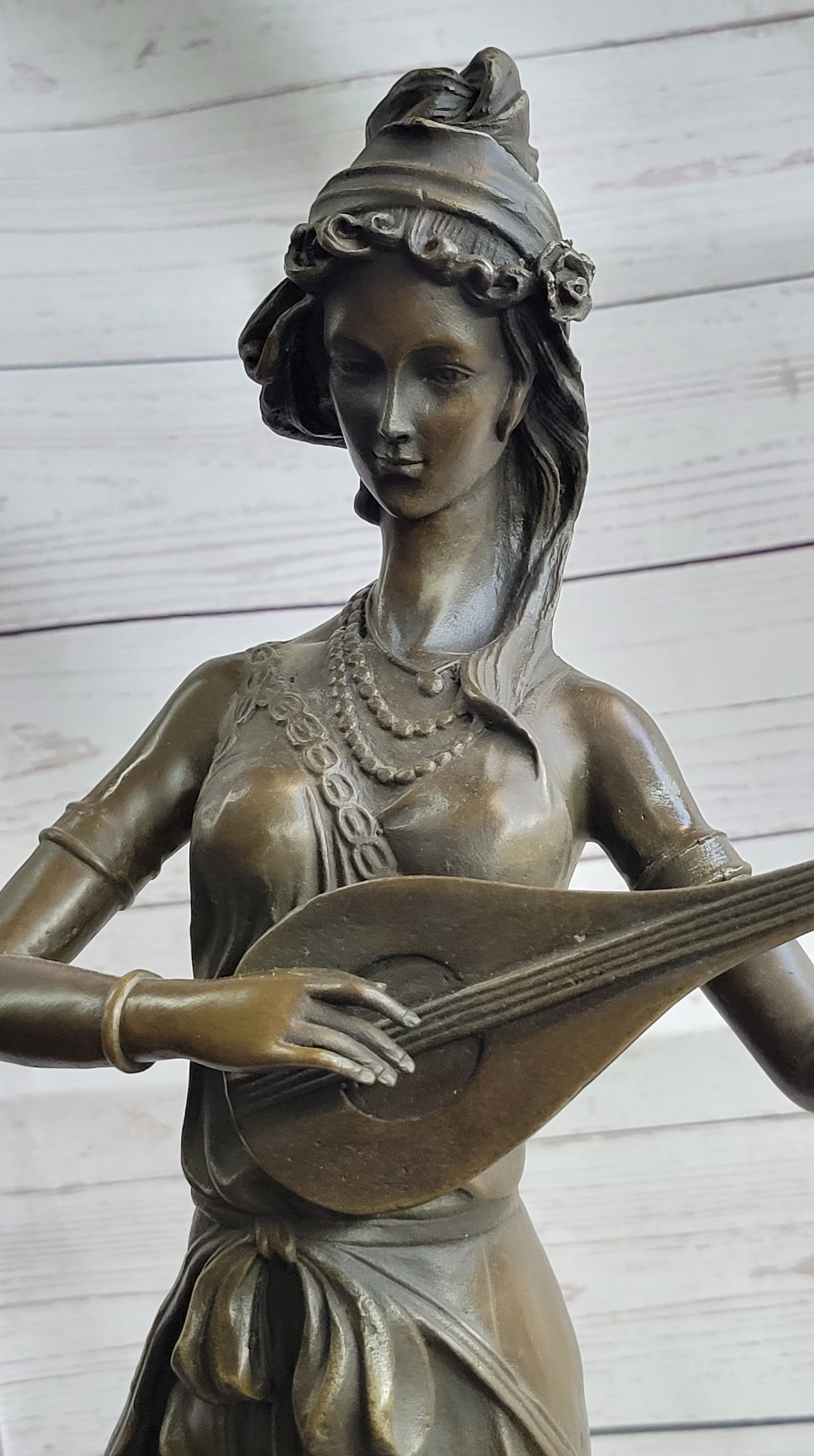 Jean Patoue Female Playing Banjo Bronze Sculpture