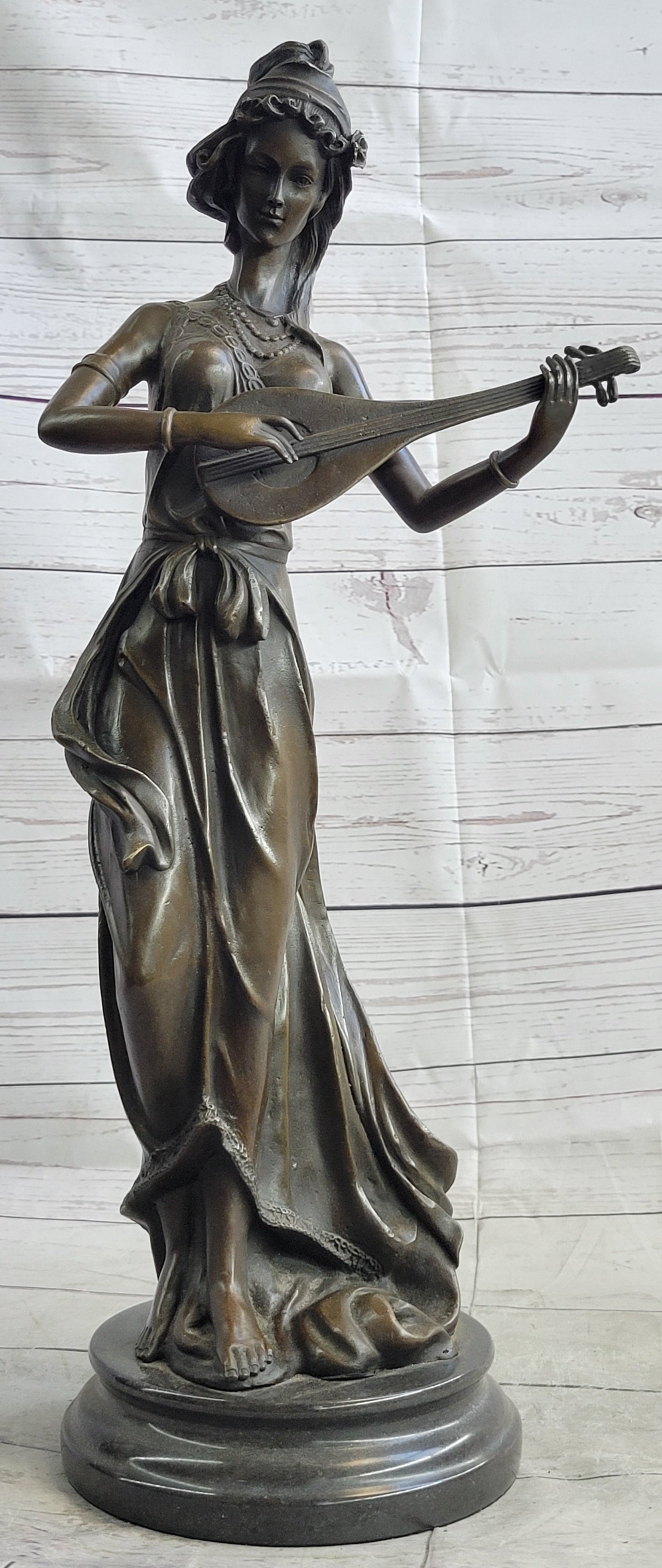 Jean Patoue Female Playing Banjo Bronze Sculpture