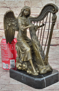 Winged Female Angel Playing Harp - Bronze Memorial Sculpture