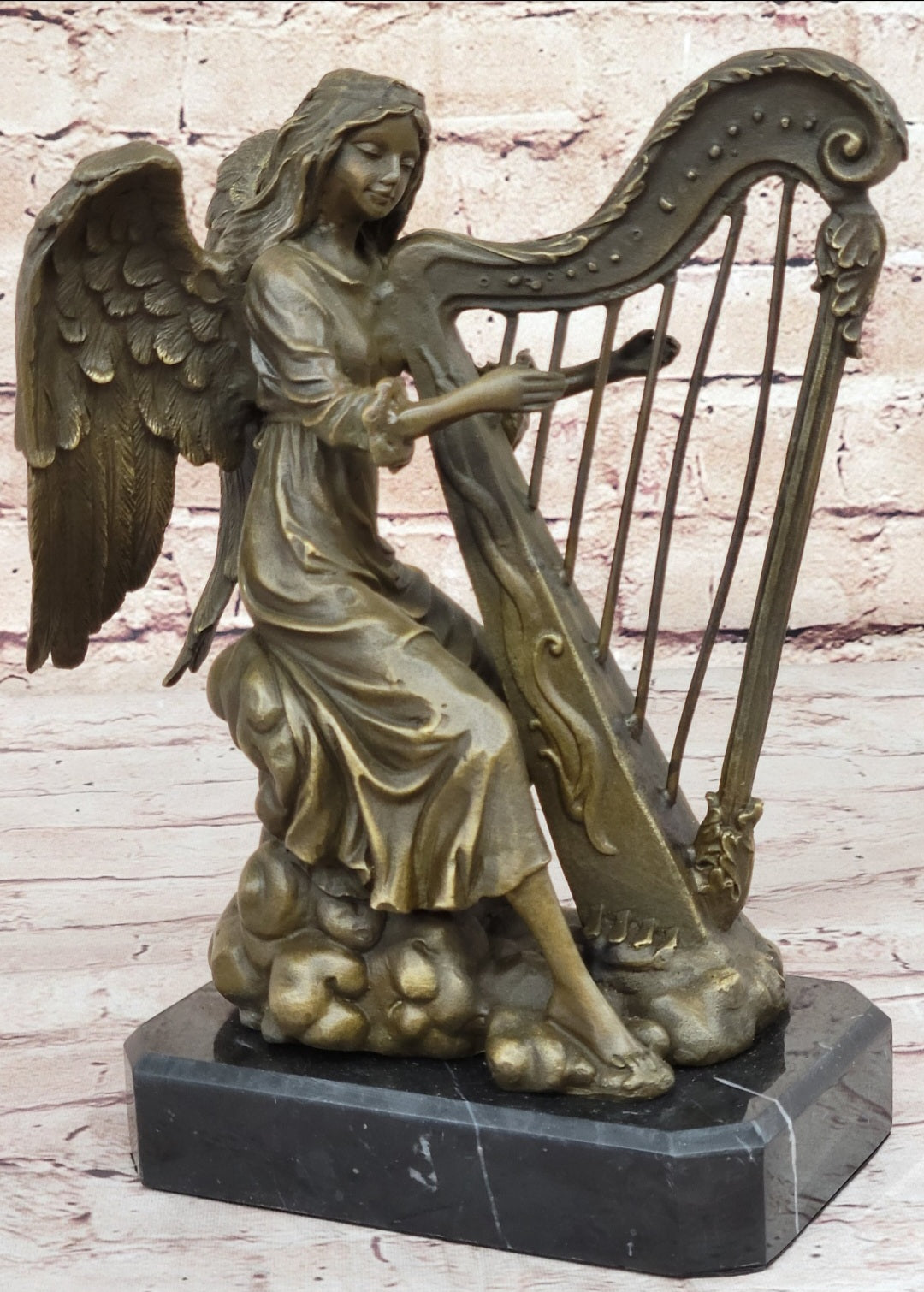 Winged Female Angel Playing Harp - Bronze Memorial Sculpture