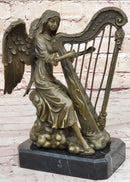 Winged Female Angel Playing Harp - Bronze Memorial Sculpture