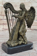 Winged Female Angel Playing Harp - Bronze Memorial Sculpture