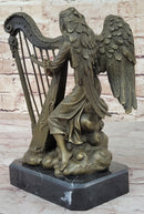 Winged Female Angel Playing Harp - Bronze Memorial Sculpture