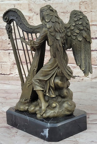 Winged Female Angel Playing Harp - Bronze Memorial Sculpture