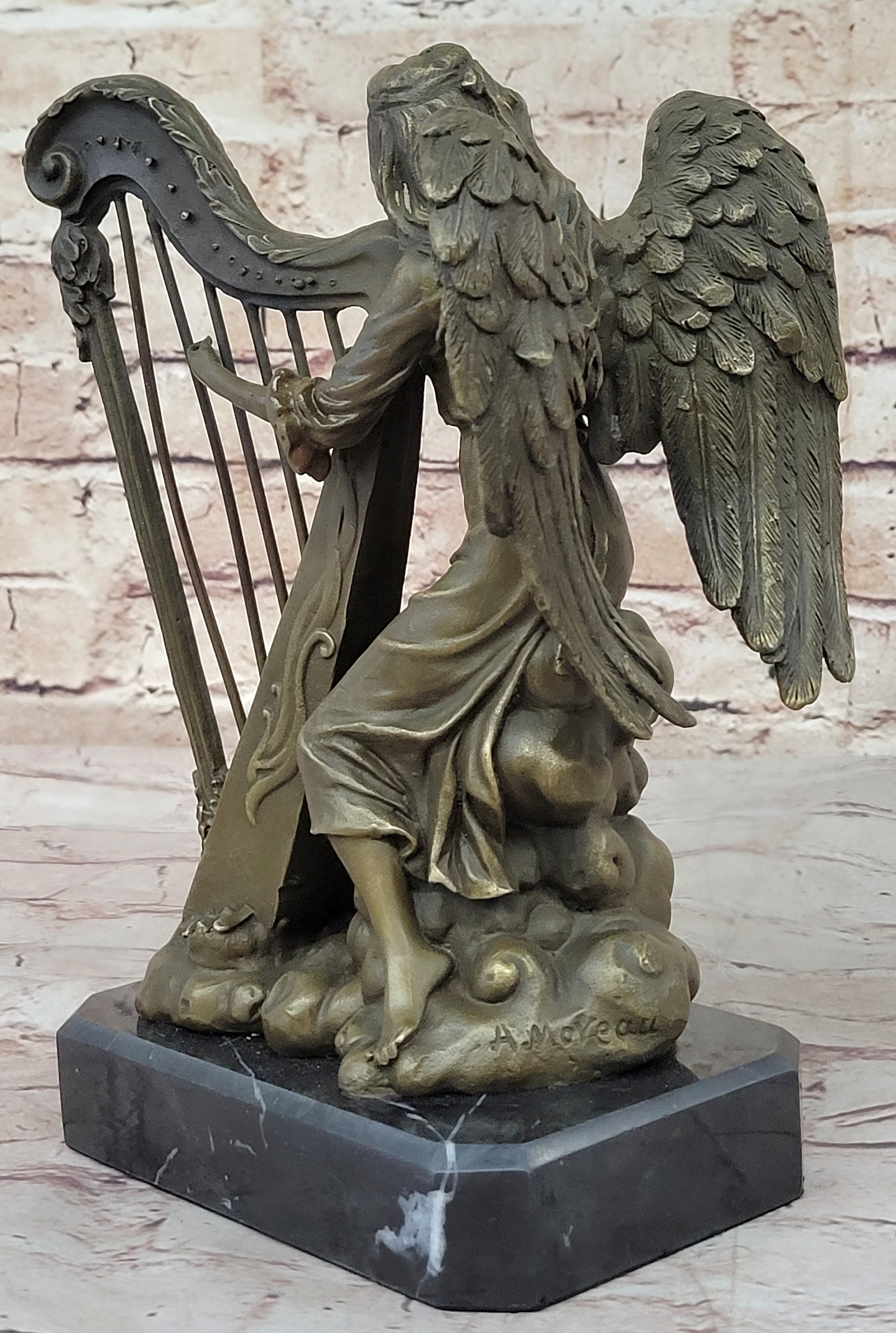 Winged Female Angel Playing Harp - Bronze Memorial Sculpture