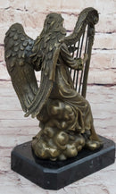 Winged Female Angel Playing Harp - Bronze Memorial Sculpture