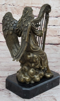 Winged Female Angel Playing Harp - Bronze Memorial Sculpture