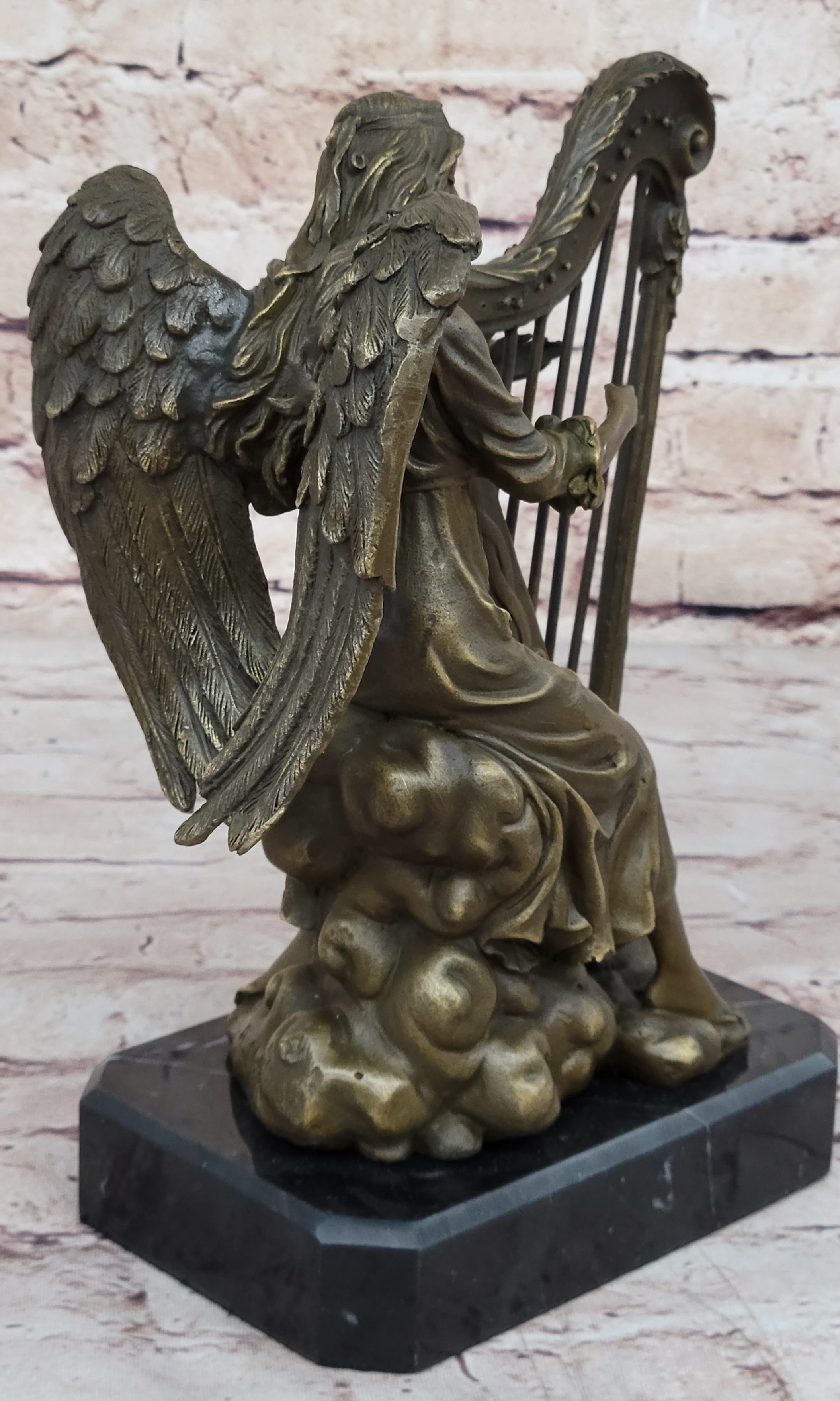 Winged Female Angel Playing Harp - Bronze Memorial Sculpture