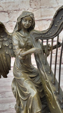 Winged Female Angel Playing Harp - Bronze Memorial Sculpture