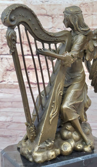 Winged Female Angel Playing Harp - Bronze Memorial Sculpture