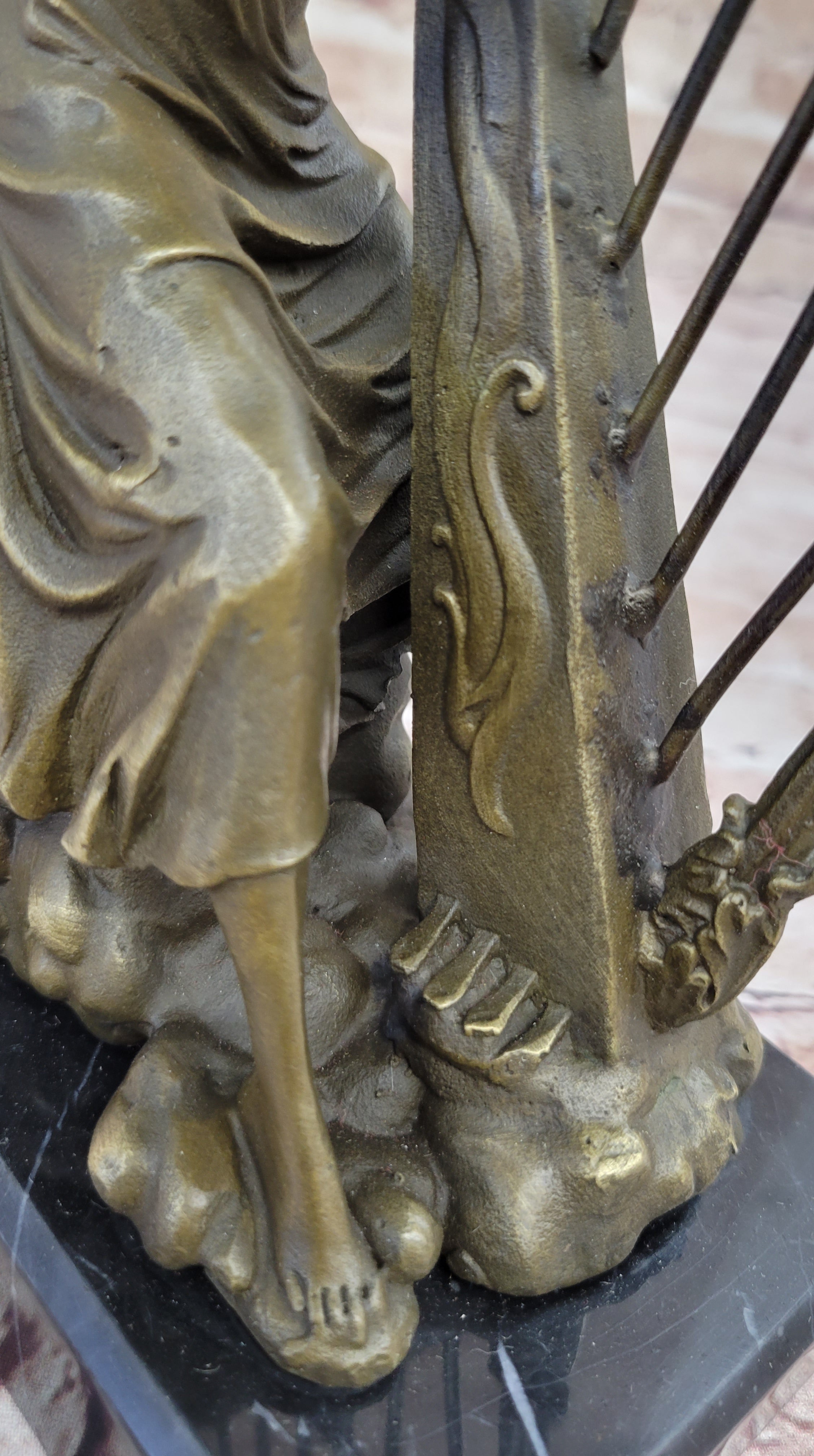 Winged Female Angel Playing Harp - Bronze Memorial Sculpture