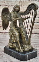 Winged Female Angel Playing Harp - Bronze Memorial Sculpture