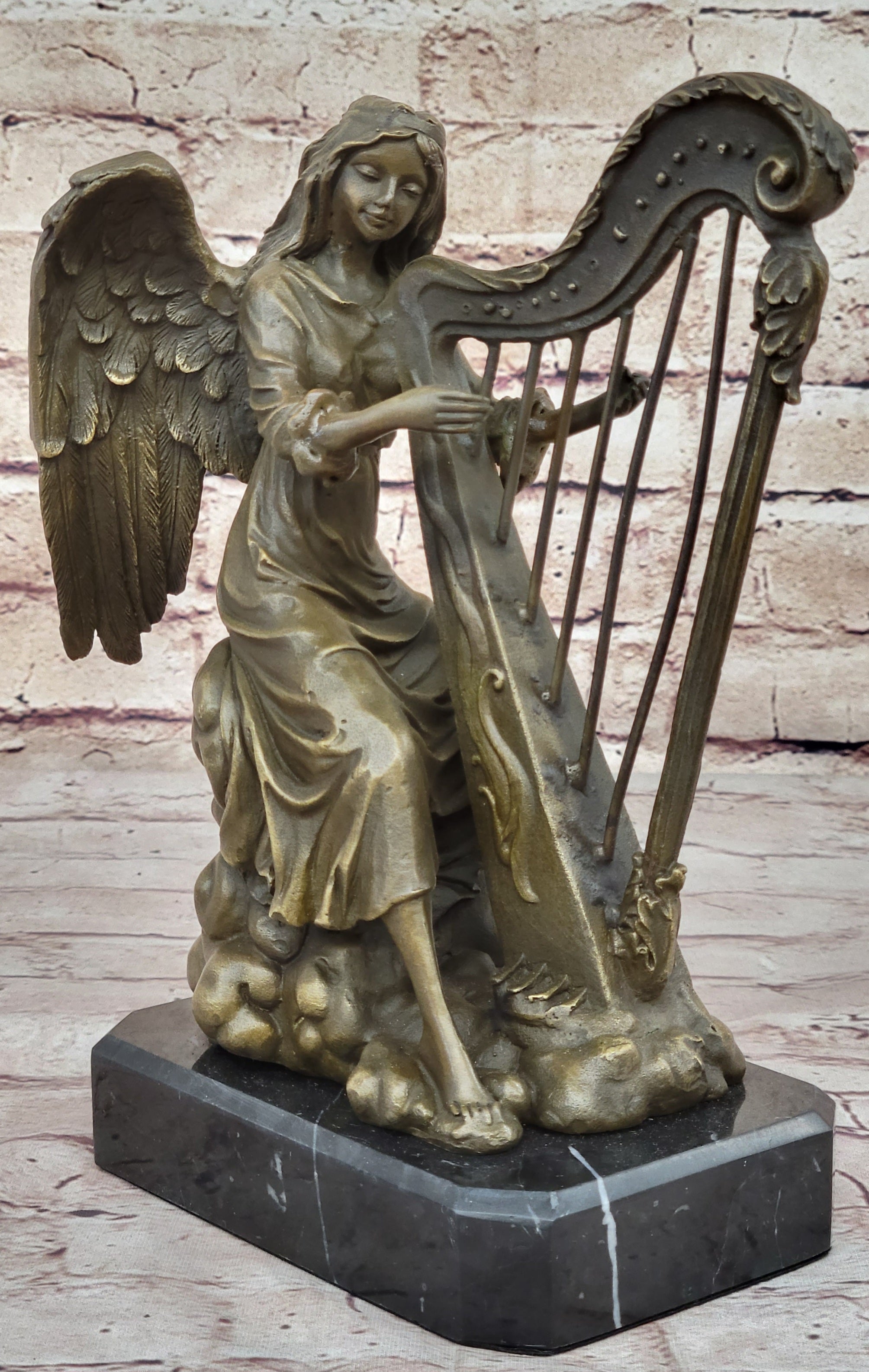 Winged Female Angel Playing Harp - Bronze Memorial Sculpture