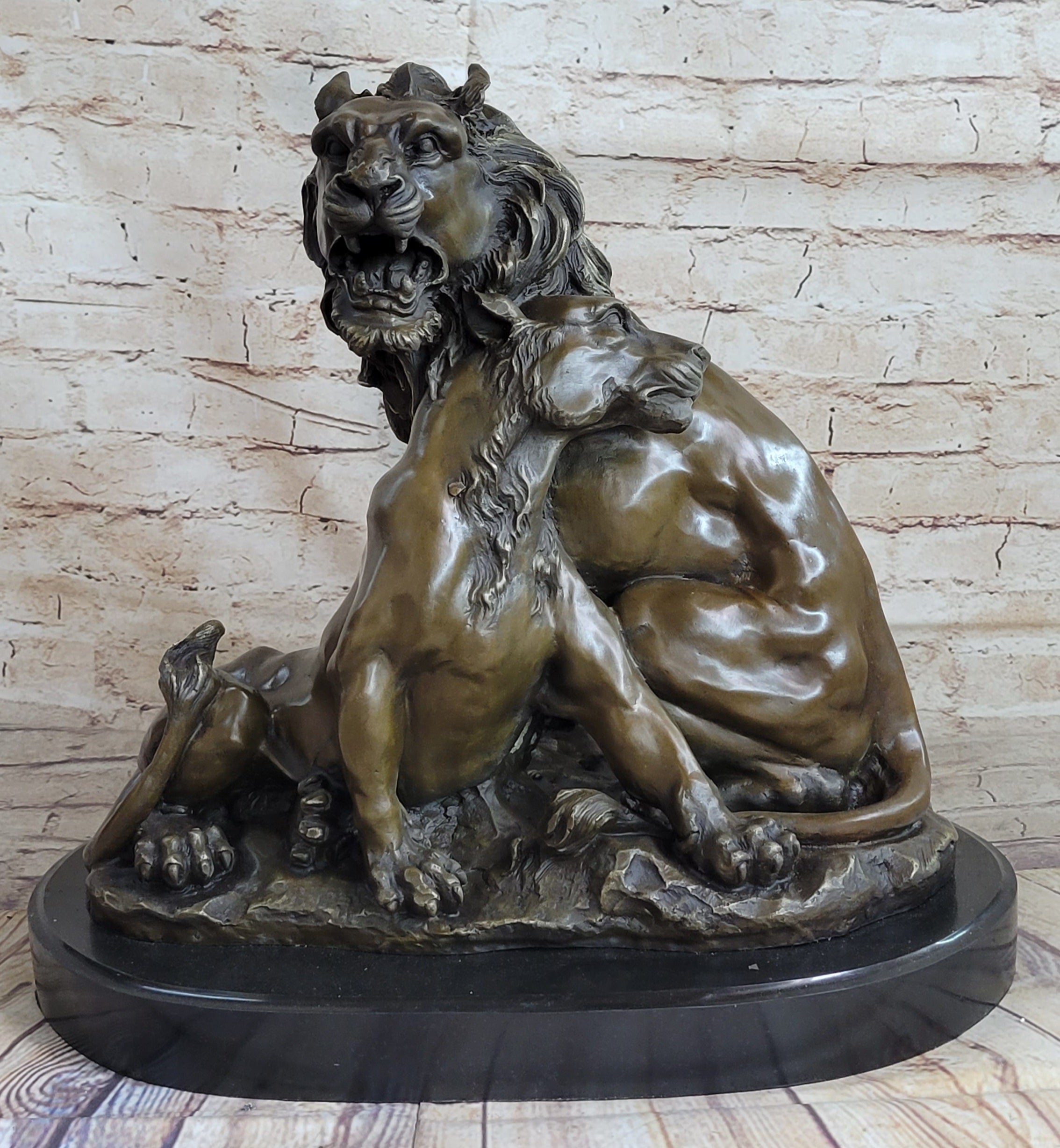 Male & Female Lion Necking Love Bronze Sculpture on Marble Base
