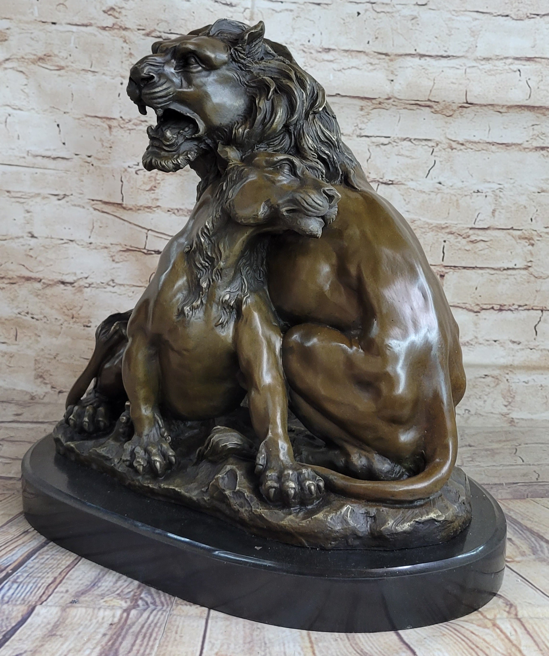 Male & Female Lion Necking Love Bronze Sculpture on Marble Base