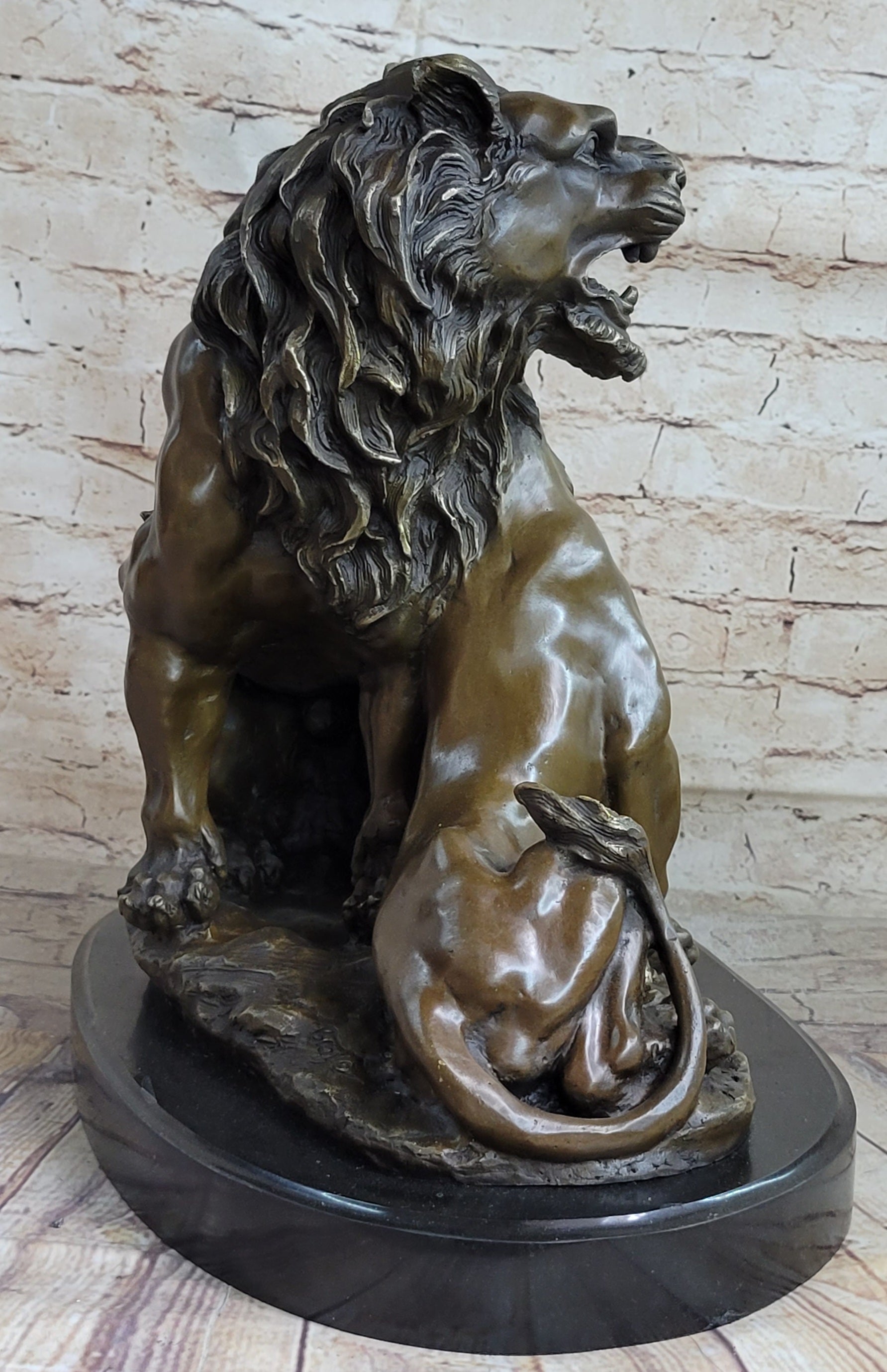 Male & Female Lion Necking Love Bronze Sculpture on Marble Base