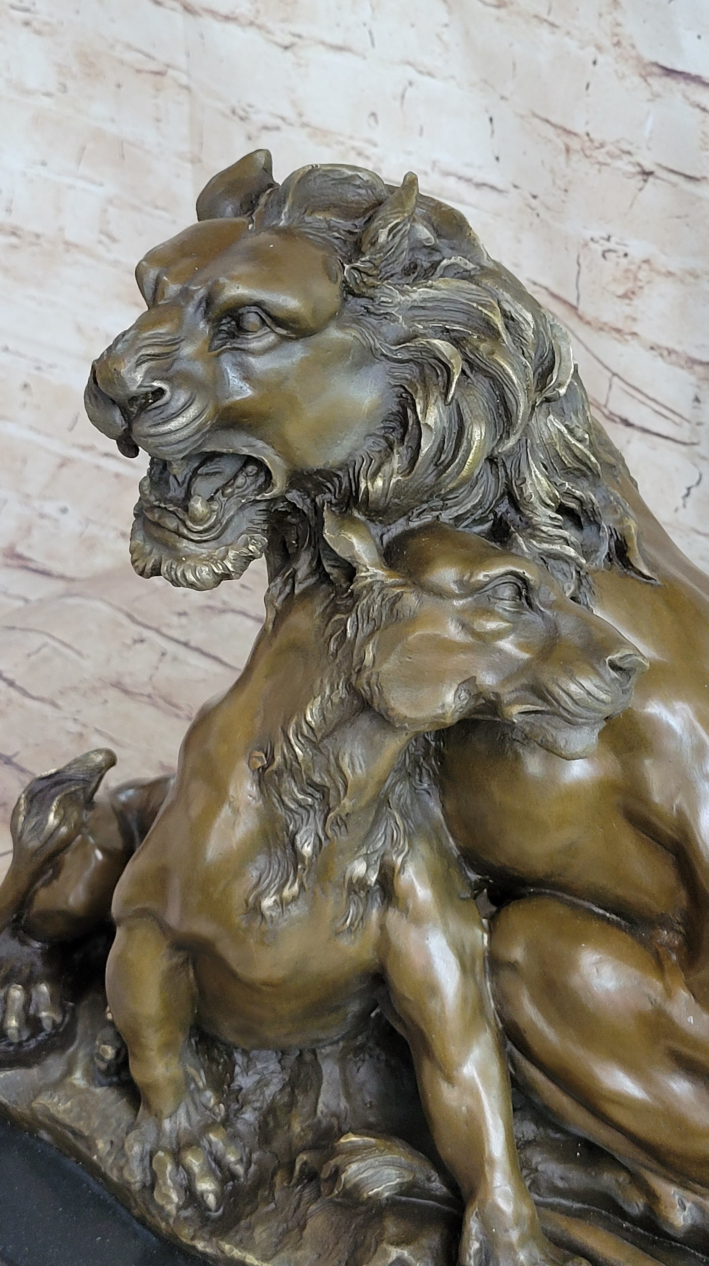 Male & Female Lion Necking Love Bronze Sculpture on Marble Base