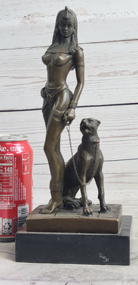 Nude Fantasy Egyptian Queen Princess Girl w/ Panther Bronze Sculpture Statue Signed Art