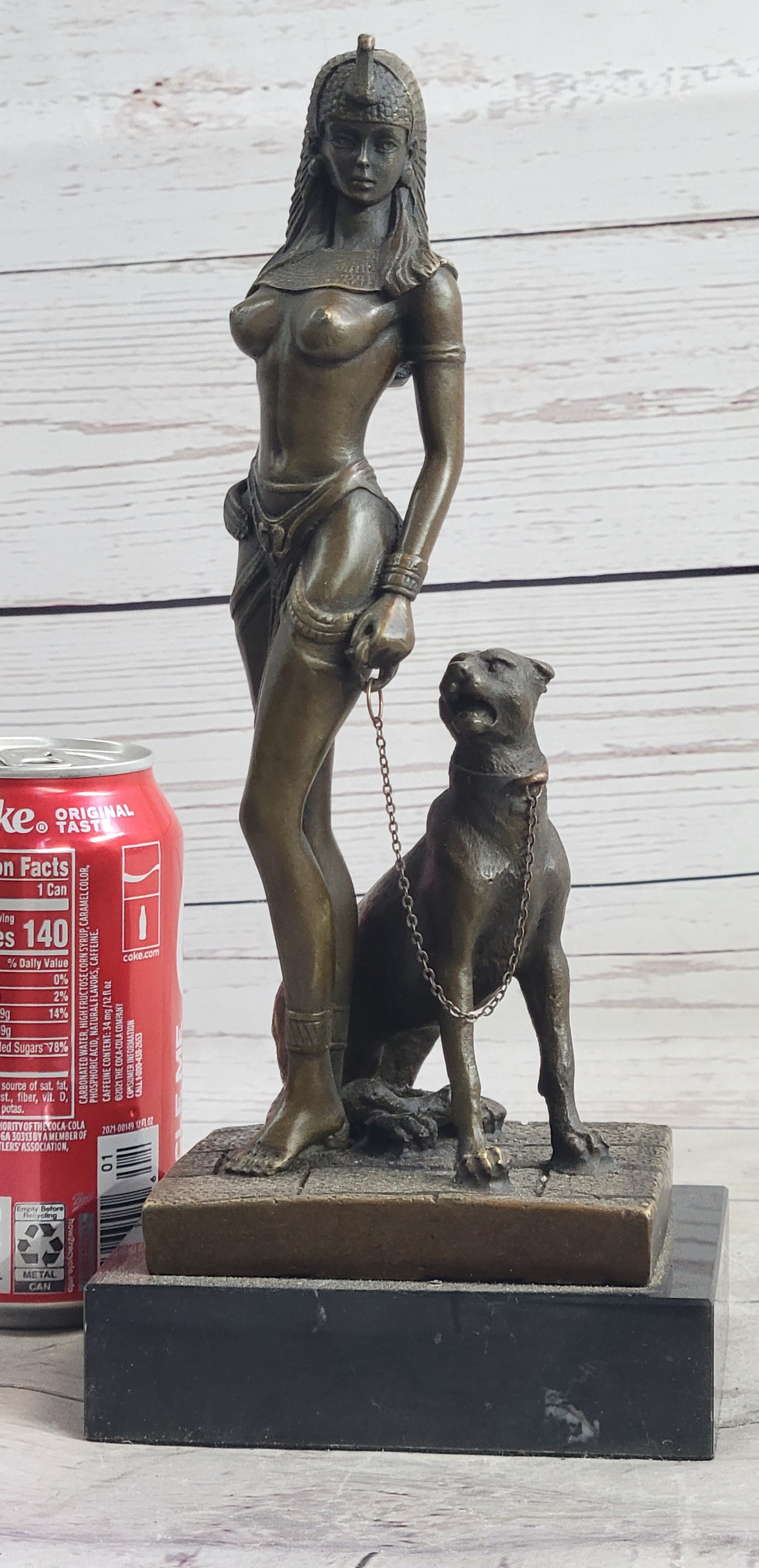 Nude Fantasy Egyptian Queen Princess Girl w/ Panther Bronze Sculpture Statue Signed Art