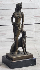 Nude Fantasy Egyptian Queen Princess Girl w/ Panther Bronze Sculpture Statue Signed Art