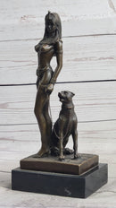 Nude Fantasy Egyptian Queen Princess Girl w/ Panther Bronze Sculpture Statue Signed Art