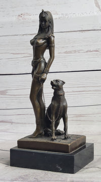 Nude Fantasy Egyptian Queen Princess Girl w/ Panther Bronze Sculpture Statue Signed Art