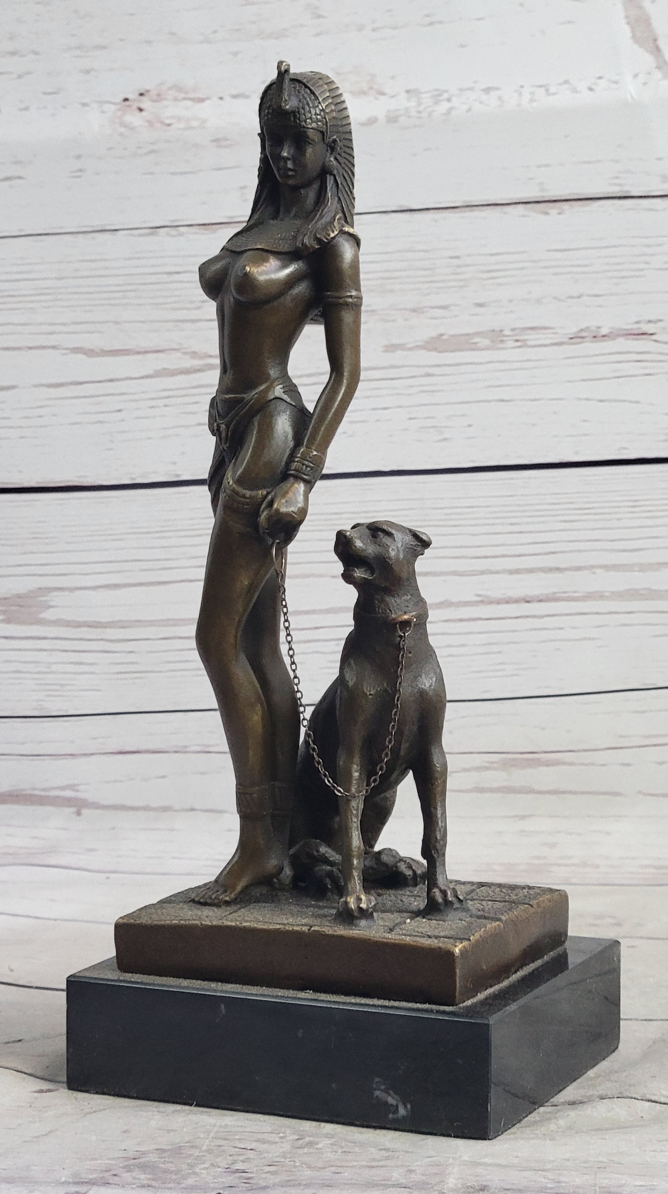Nude Fantasy Egyptian Queen Princess Girl w/ Panther Bronze Sculpture Statue Signed Art