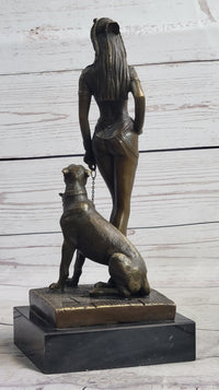 Nude Fantasy Egyptian Queen Princess Girl w/ Panther Bronze Sculpture Statue Signed Art