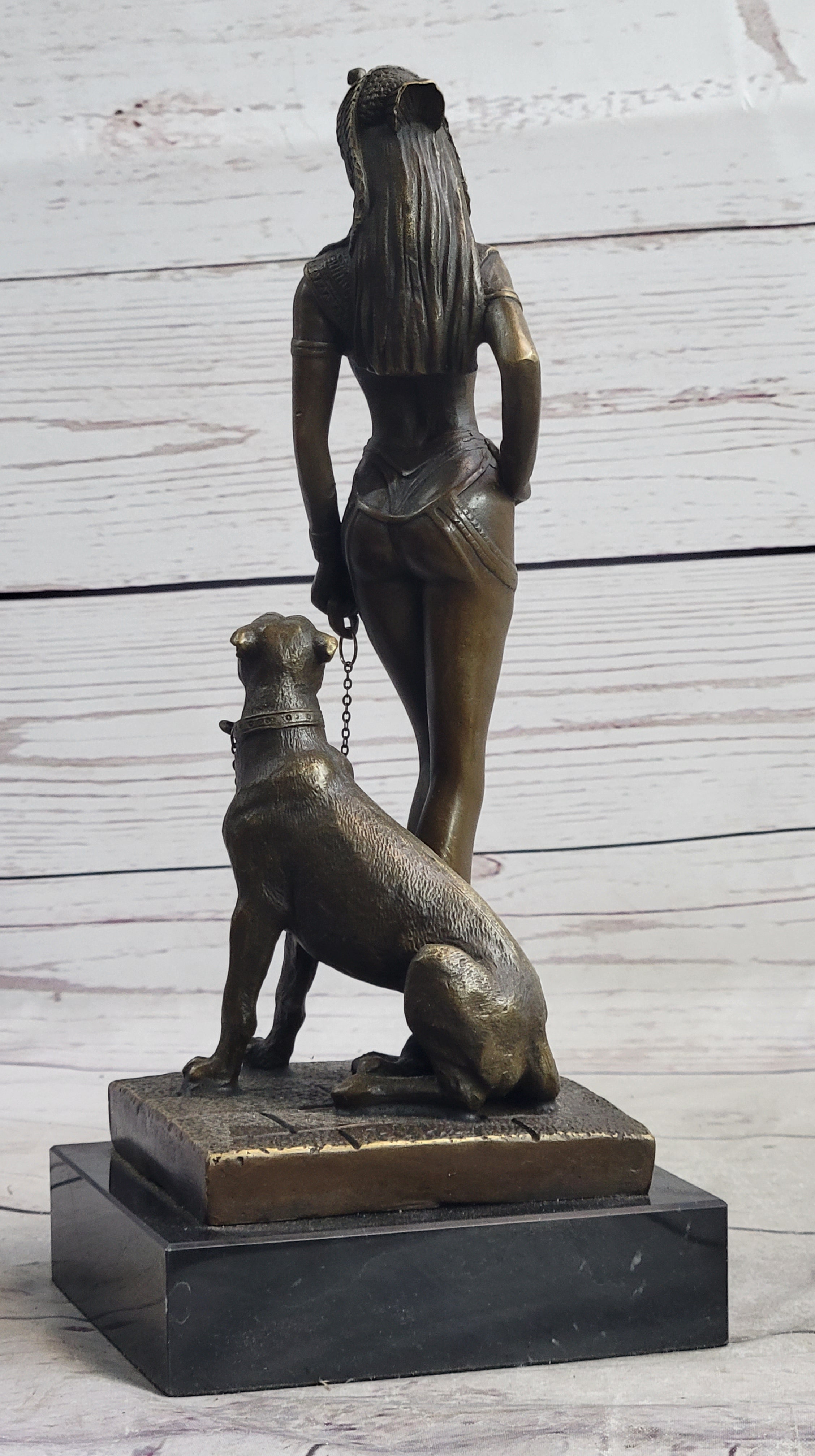 Nude Fantasy Egyptian Queen Princess Girl w/ Panther Bronze Sculpture Statue Signed Art