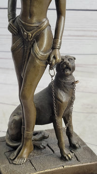 Nude Fantasy Egyptian Queen Princess Girl w/ Panther Bronze Sculpture Statue Signed Art
