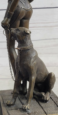 Nude Fantasy Egyptian Queen Princess Girl w/ Panther Bronze Sculpture Statue Signed Art