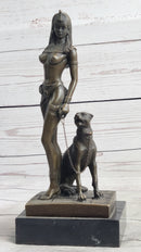 Nude Fantasy Egyptian Queen Princess Girl w/ Panther Bronze Sculpture Statue Signed Art