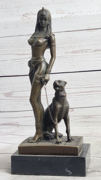Nude Fantasy Egyptian Queen Princess Girl w/ Panther Bronze Sculpture Statue Signed Art