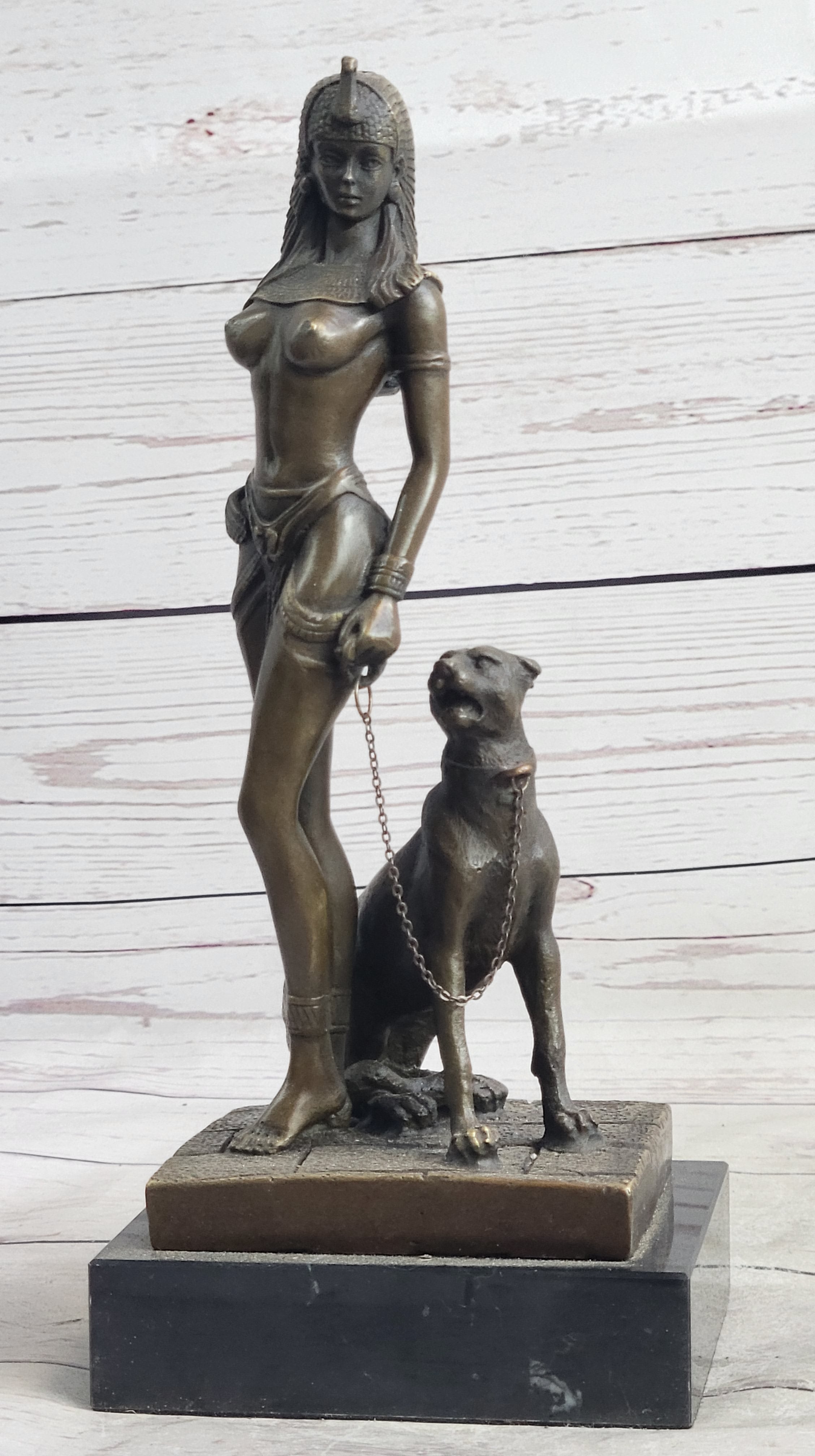 Nude Fantasy Egyptian Queen Princess Girl w/ Panther Bronze Sculpture Statue Signed Art