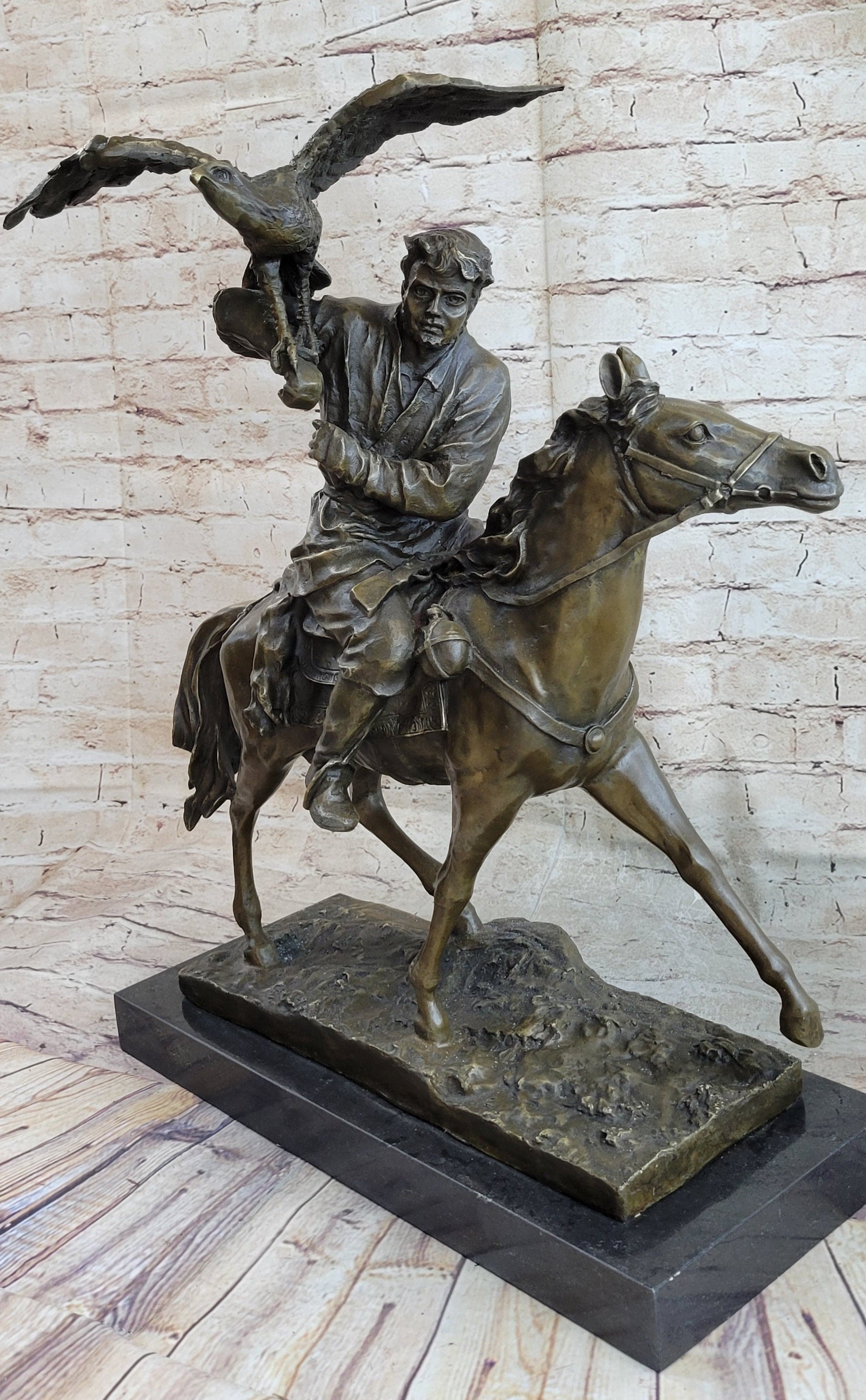 Horse Mounted Khazak Eagle Falcon Hunter Bronze 21" x 21"
