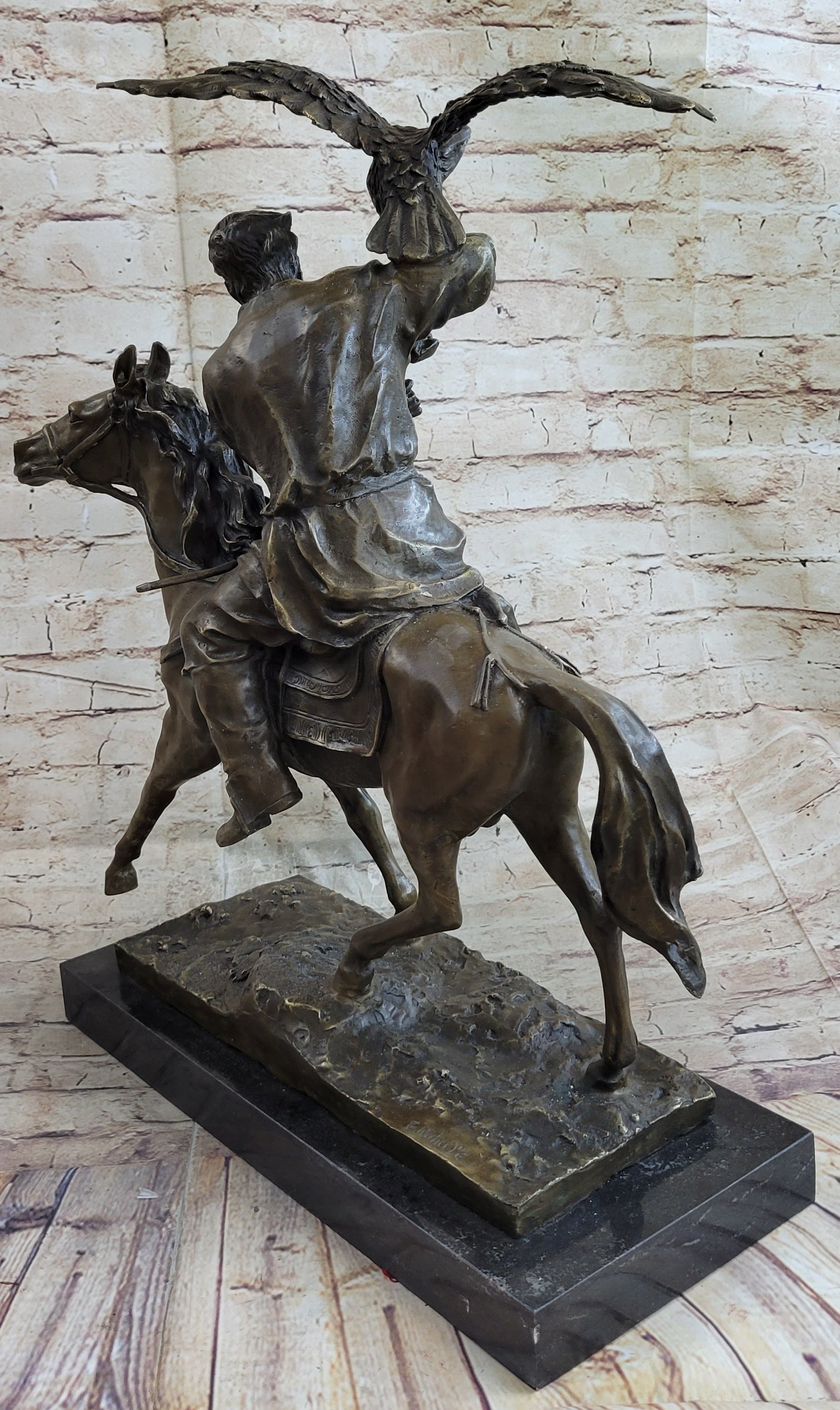 Horse Mounted Khazak Eagle Falcon Hunter Bronze 21" x 21"