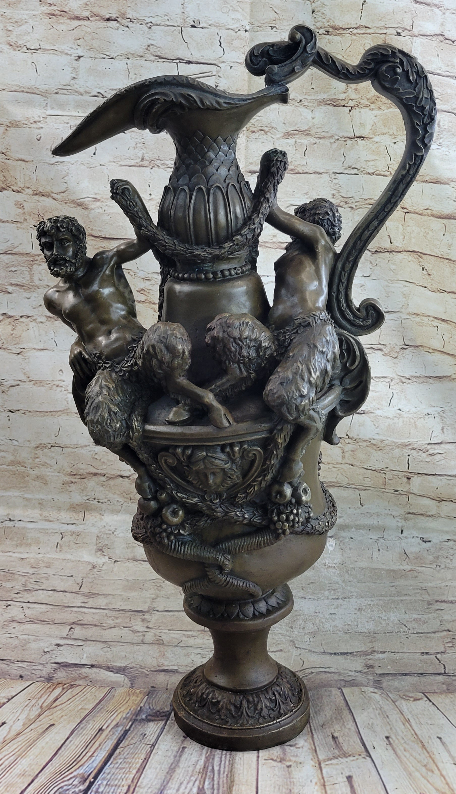 Bronze Urn Sculpture Two Satyr Faun Figures Auguste Moreau 24" x 14"