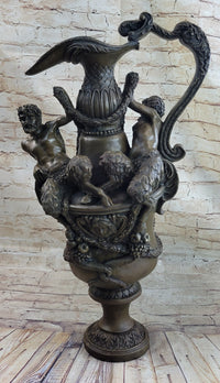 Bronze Urn Sculpture Two Satyr Faun Figures Auguste Moreau 24" x 14"