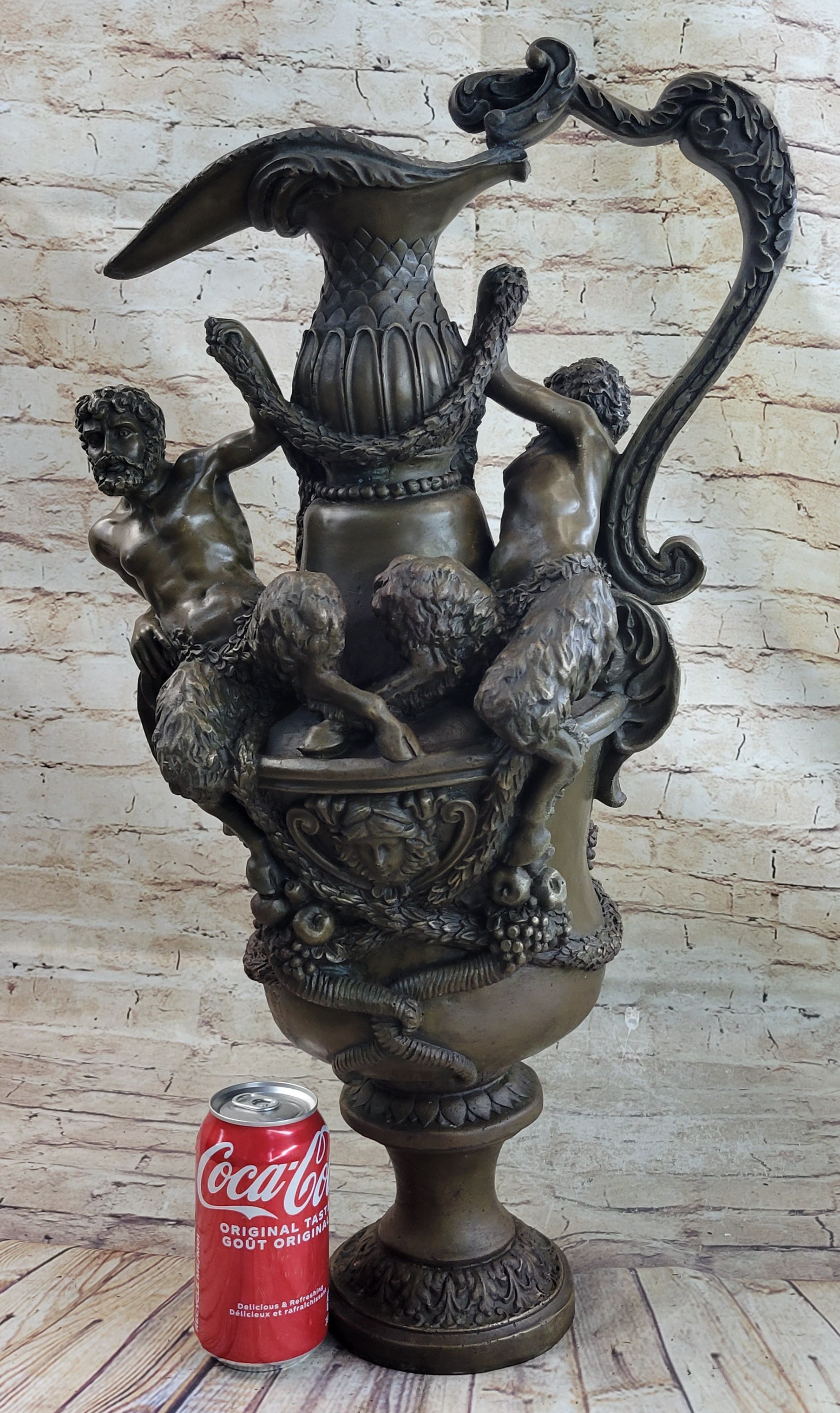 Bronze Urn Sculpture Two Satyr Faun Figures Auguste Moreau 24" x 14"