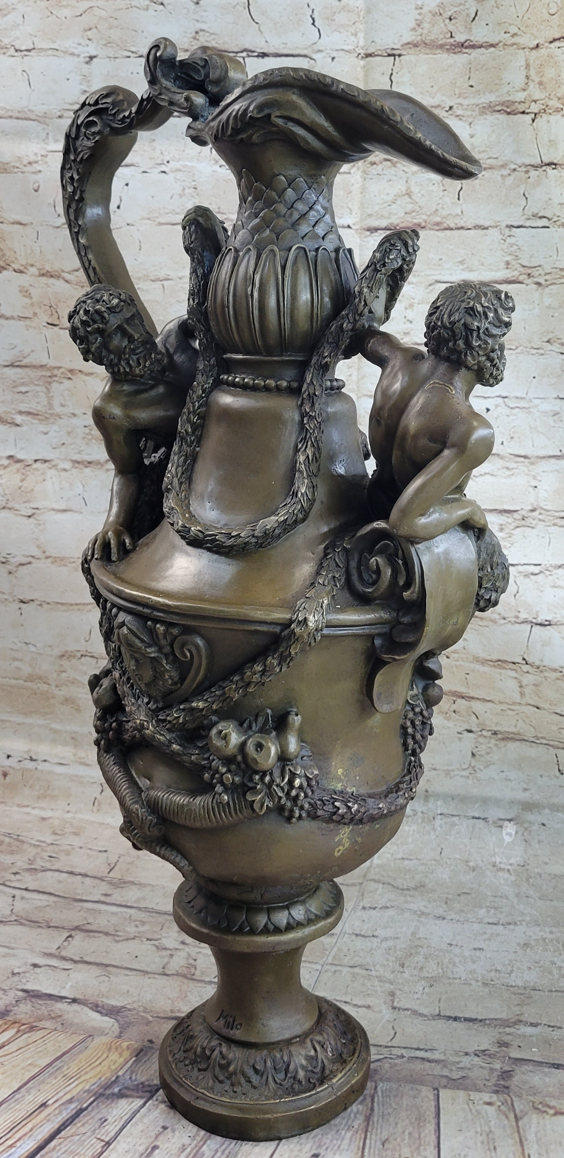 Bronze Urn Sculpture Two Satyr Faun Figures Auguste Moreau 24" x 14"