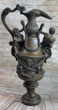 Bronze Urn Sculpture Two Satyr Faun Figures Auguste Moreau 24" x 14"