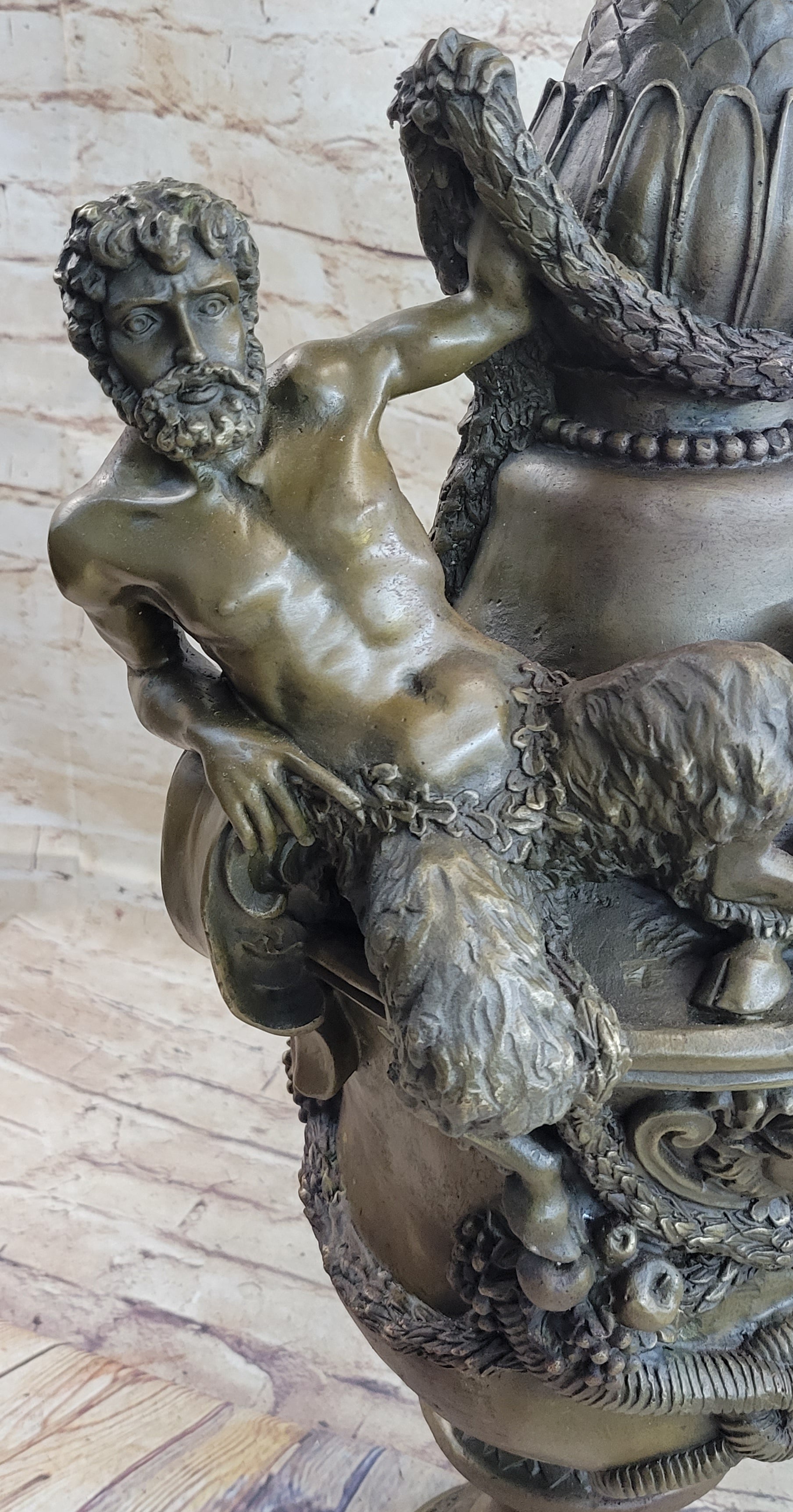 Bronze Urn Sculpture Two Satyr Faun Figures Auguste Moreau 24" x 14"