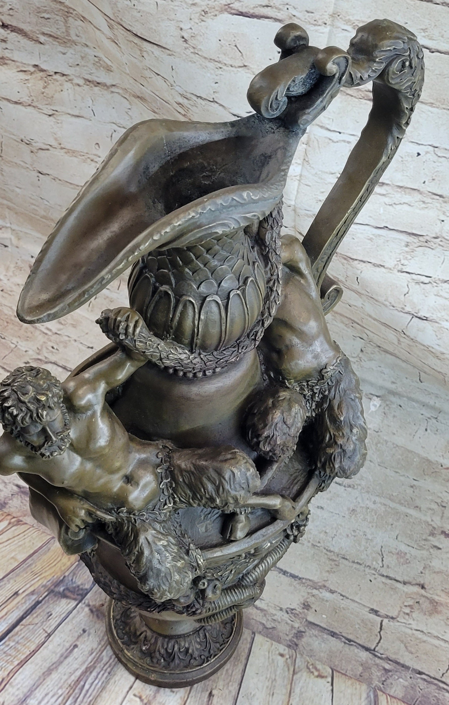 Bronze Urn Sculpture Two Satyr Faun Figures Auguste Moreau 24" x 14"