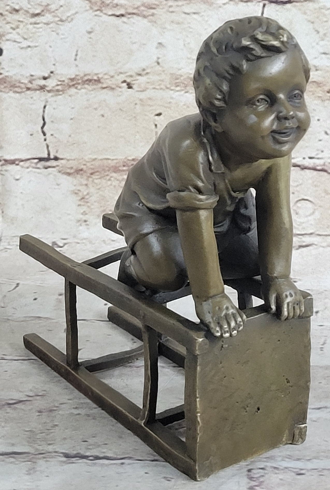 Baby Toddler Child Playing on Stool Bronze Metal Sculpture