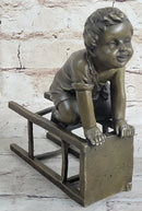 Baby Toddler Child Playing on Stool Bronze Metal Sculpture
