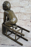 Baby Toddler Child Playing on Stool Bronze Metal Sculpture