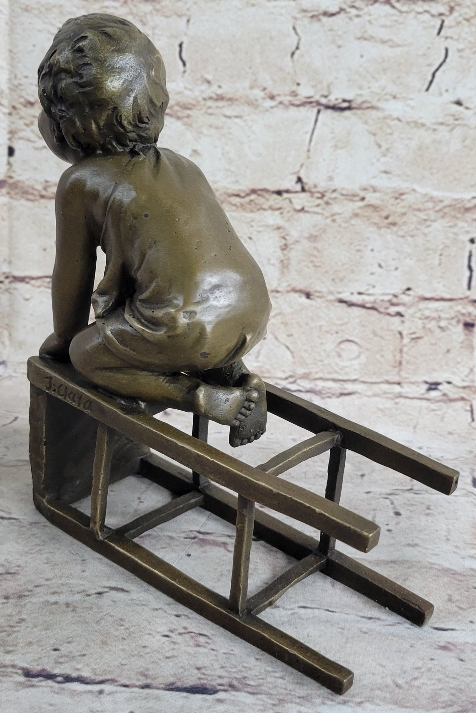 Baby Toddler Child Playing on Stool Bronze Metal Sculpture
